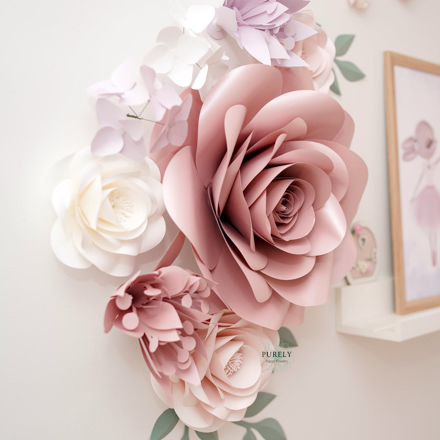 Pastel Nursery Paper Flowers in Dusty rose, blush pink and white colours with touches of Sage green leaves is a perfect addition to any Name Sign in a Nursery.