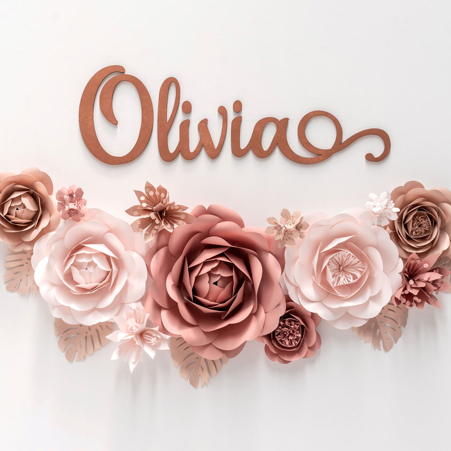 Shop our personalized large paper flowers wall decor for baby girl nursery in dusty rose, blush pink