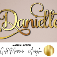 Danielle baby girl nursery name sign gold acrylic mirror laser cut above crib made in australia